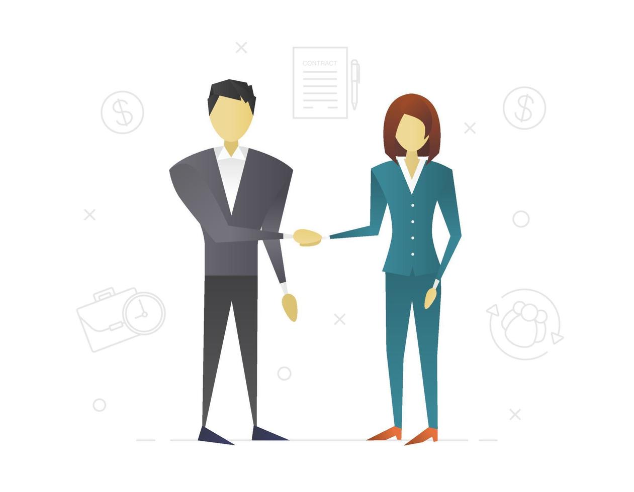 Businessman and businesswoman making deal flat character design. Job hiring. Partnership. Business agreement. Man and woman shaking hands. Vector isolated illustration