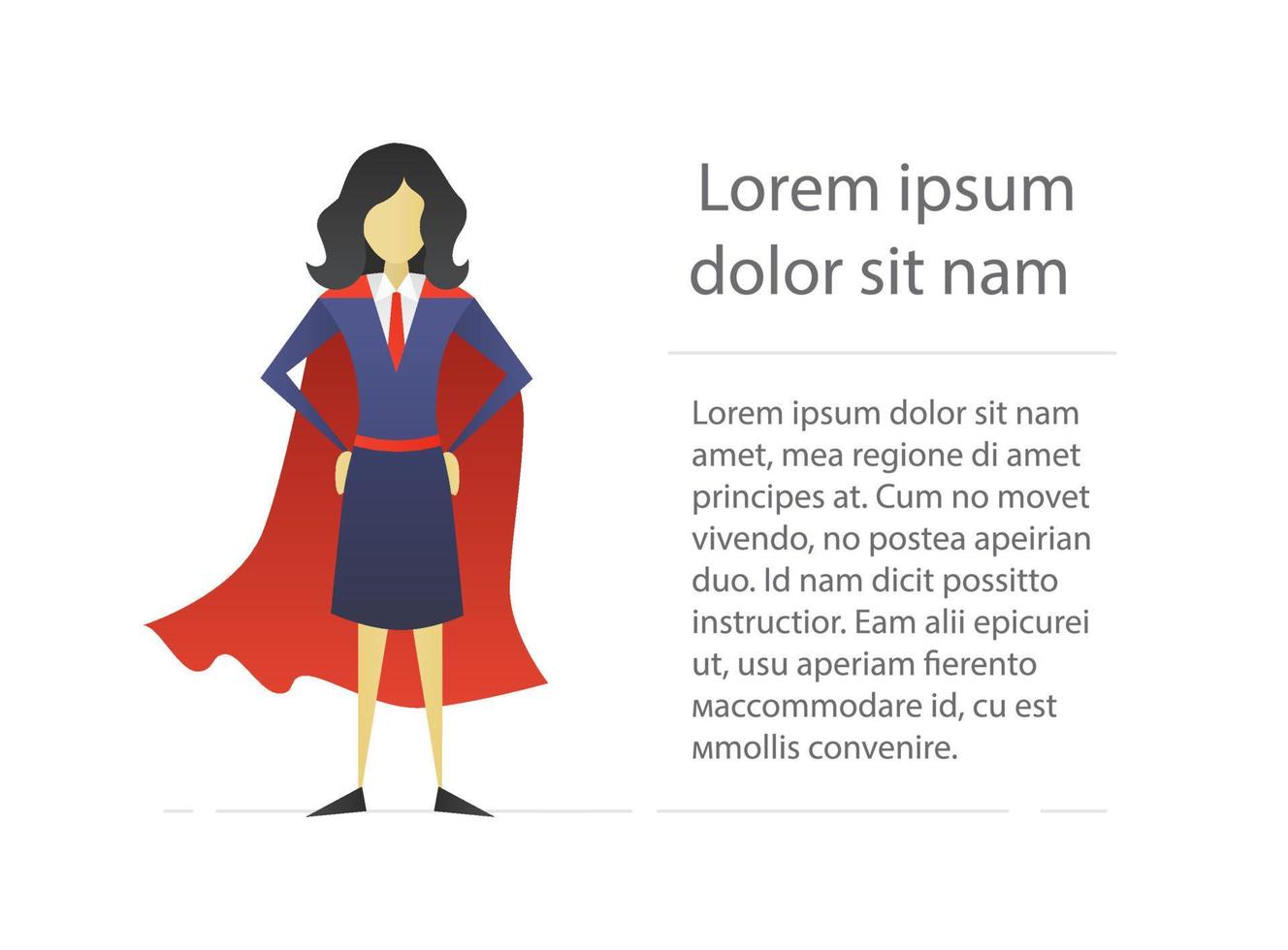 Super woman flat character design. Feminism. Businesswoman. Strong woman with red cape. Vector isolated illustration