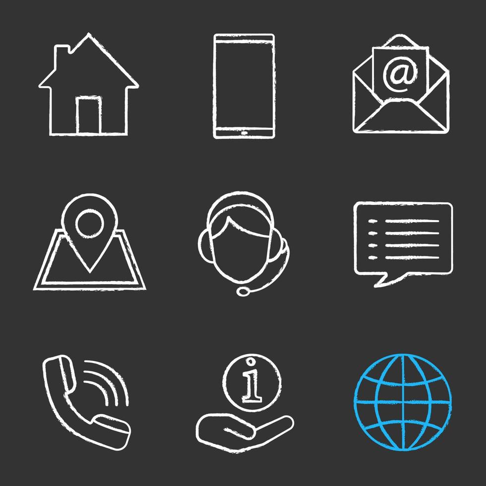 Information center chalk icons set. Homepage, smartphone, email, GPS, hotline, chat, call, helpdesk, globe. Isolated vector chalkboard illustrations
