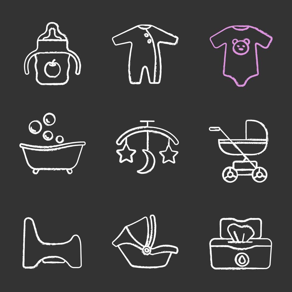 Childcare chalk icons set. Sippy cup, romper, bodysuit, bathtub, bed carousel, baby carriage, potty chair, car seat, wet wipes. Isolated vector chalkboard illustrations