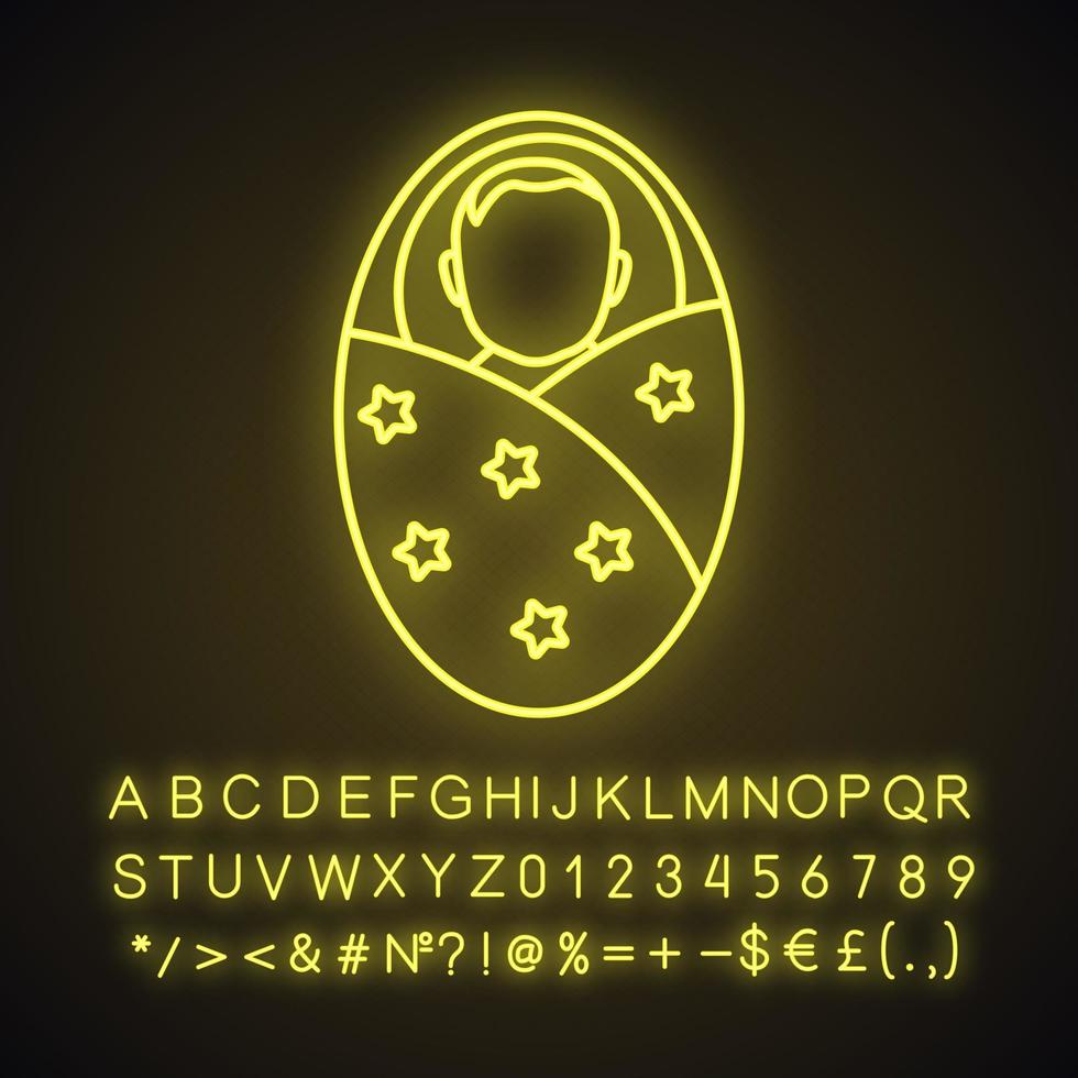 icono de luz de neón de bebé envuelto. niño recién nacido signo brillante con alfabeto, números y símbolos. ilustración vectorial aislada vector
