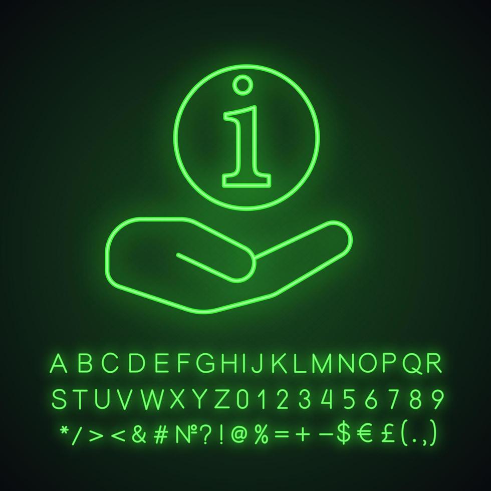 Hand holding info sign neon light icon. Helpdesk. Information center. Glowing sign with alphabet, numbers and symbols. Vector isolated illustration