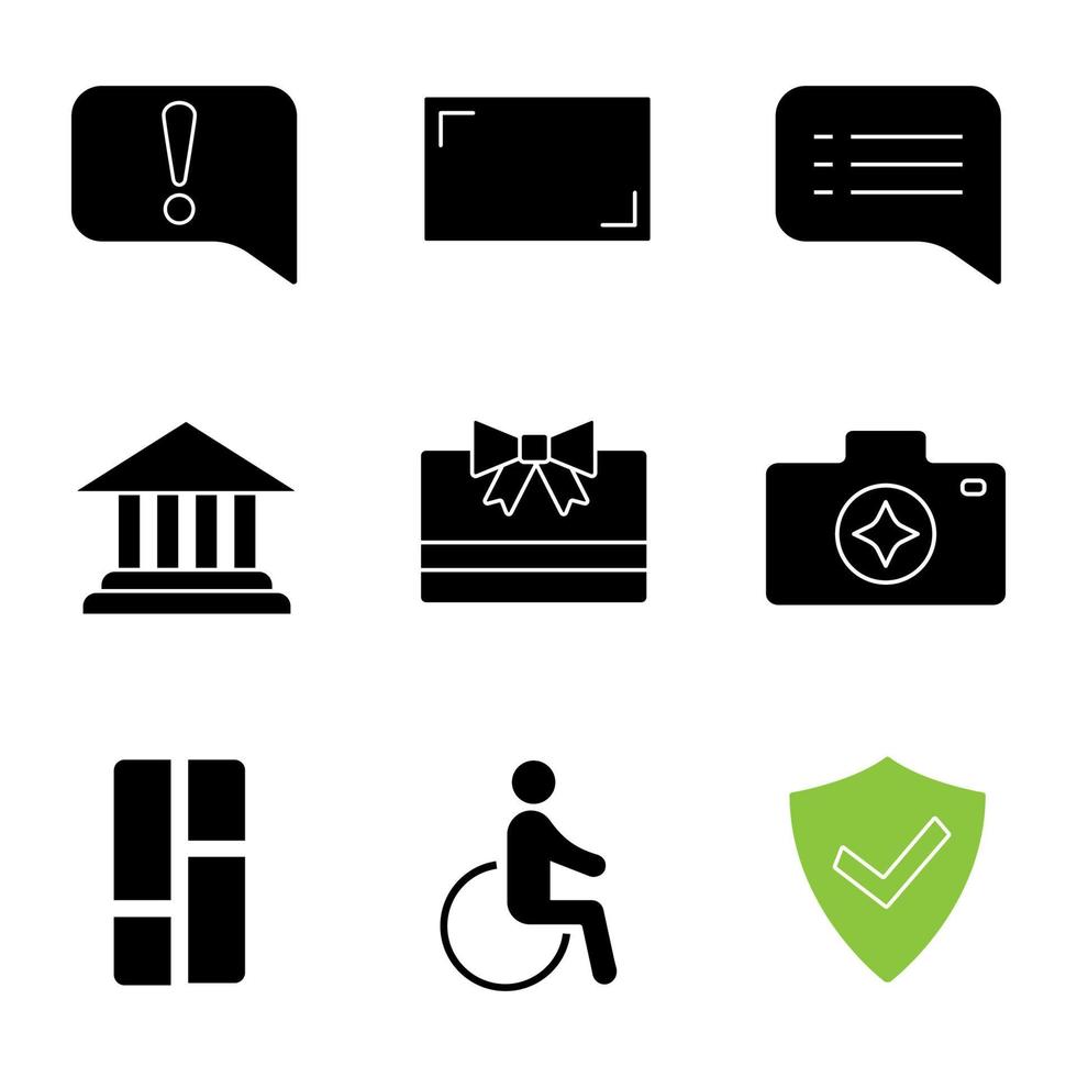 UI UX glyph icons set. Announcement, aspect ratio, speech bubble, account balance, gift card, camera enhance, dashboard, accessible, secured. Silhouette symbols. Vector isolated illustration