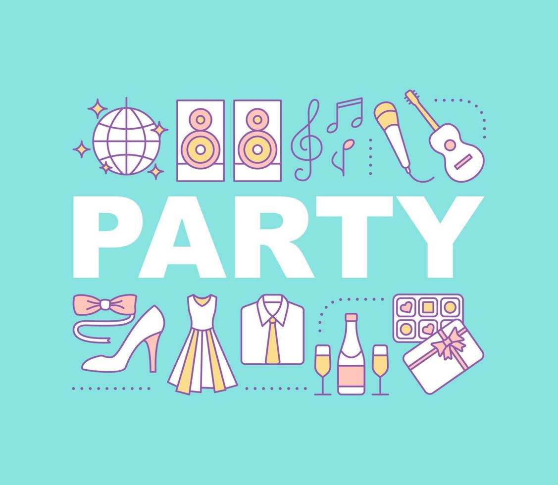 Party word concepts banner. Disco. Holiday celebration. Isolated lettering typography idea with linear icons. Vector outline illustration