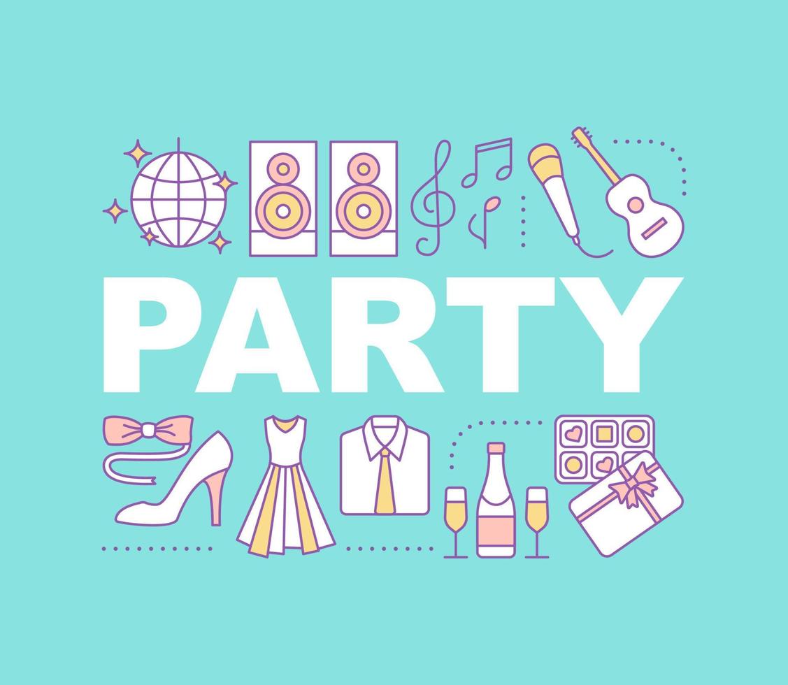 banner de conceptos de palabras de fiesta. disco. celebración de vacaciones. idea de tipografía de letras aisladas con iconos lineales. ilustración de contorno vectorial vector