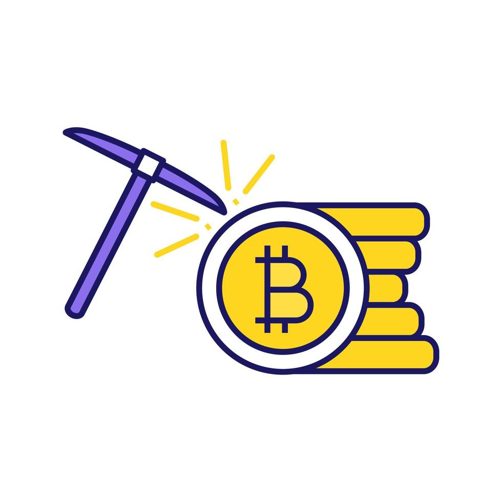 Cryptocurrency mining service color icon. Bitcoin crypto mining. Cryptocurrency business. Bitcoin coins stack with pickaxe. Isolated vector illustration