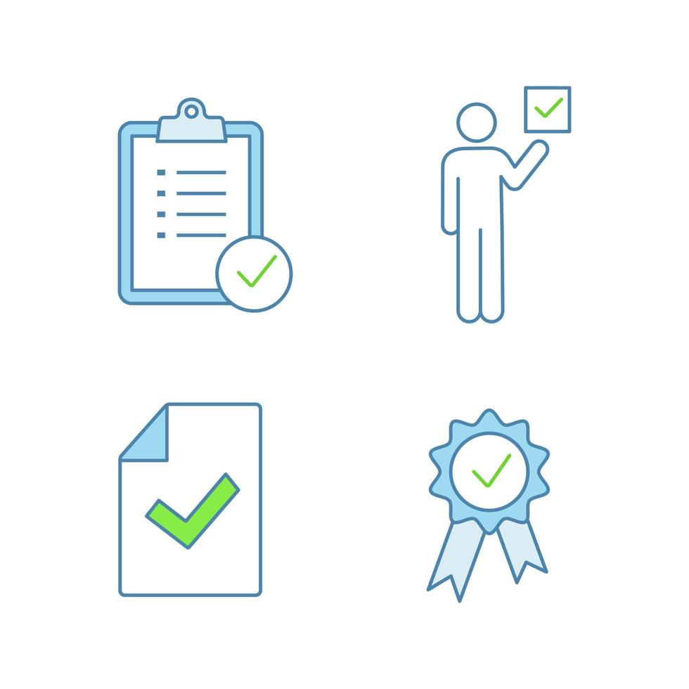 Approve color icons set. Verification and validation. Task planning, voter, document verification, award medal. Isolated vector illustrations