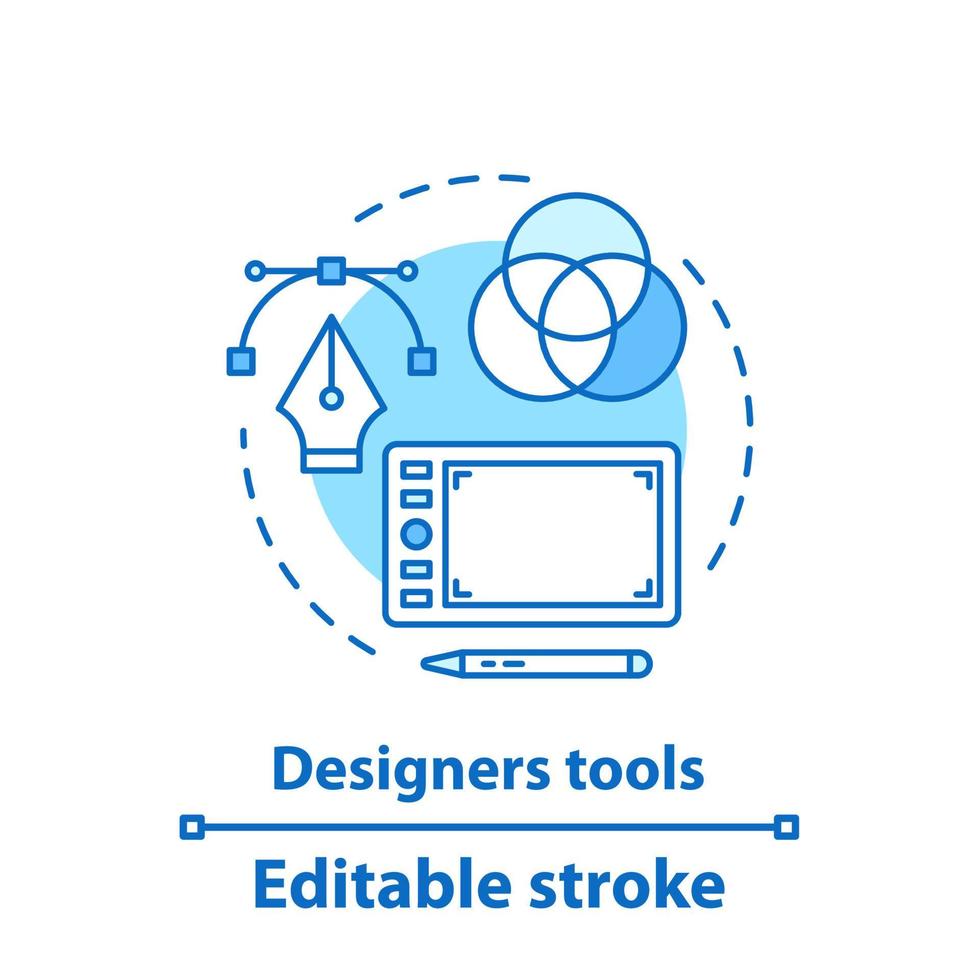 icono de concepto de herramienta de diseñadores. idea de diseño gráfico ilustración de línea delgada. impresión. tableta gráfica, herramienta pluma, modelo de color. dibujo de contorno aislado vectorial. trazo editable vector