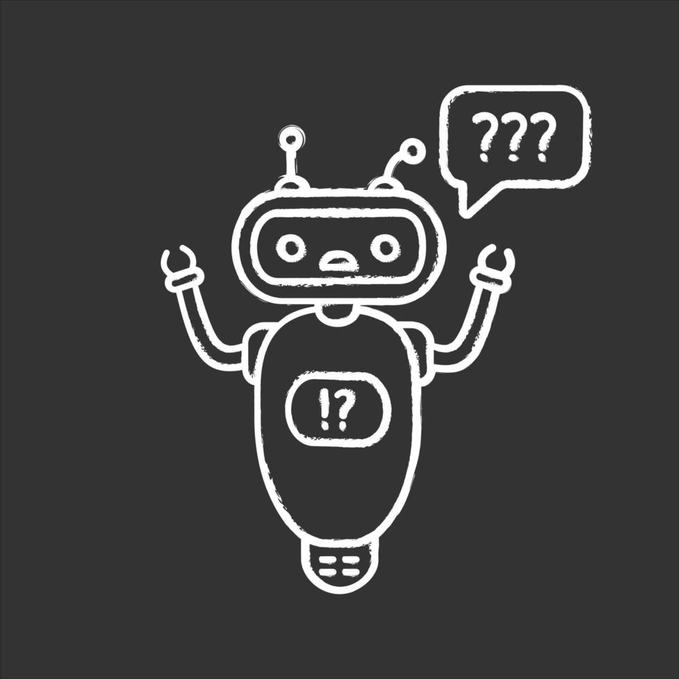 Help chatbot chalk icon. FAQ chat bot. Bewildered robot with question marks in speech bubble. Isolated vector chalkboard illustration