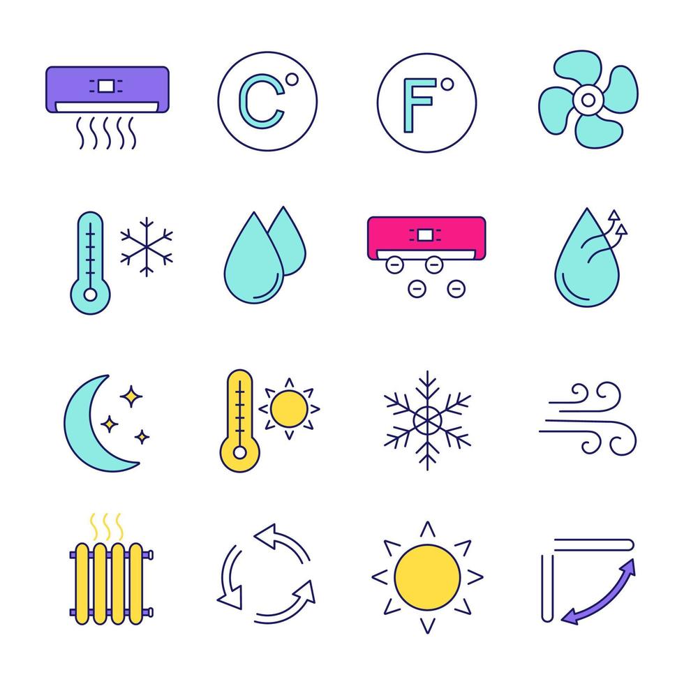 conjunto de iconos de color de aire acondicionado. calentamiento de aire, humidificación, ionización, ventilación. control climatico. ilustraciones de vectores aislados