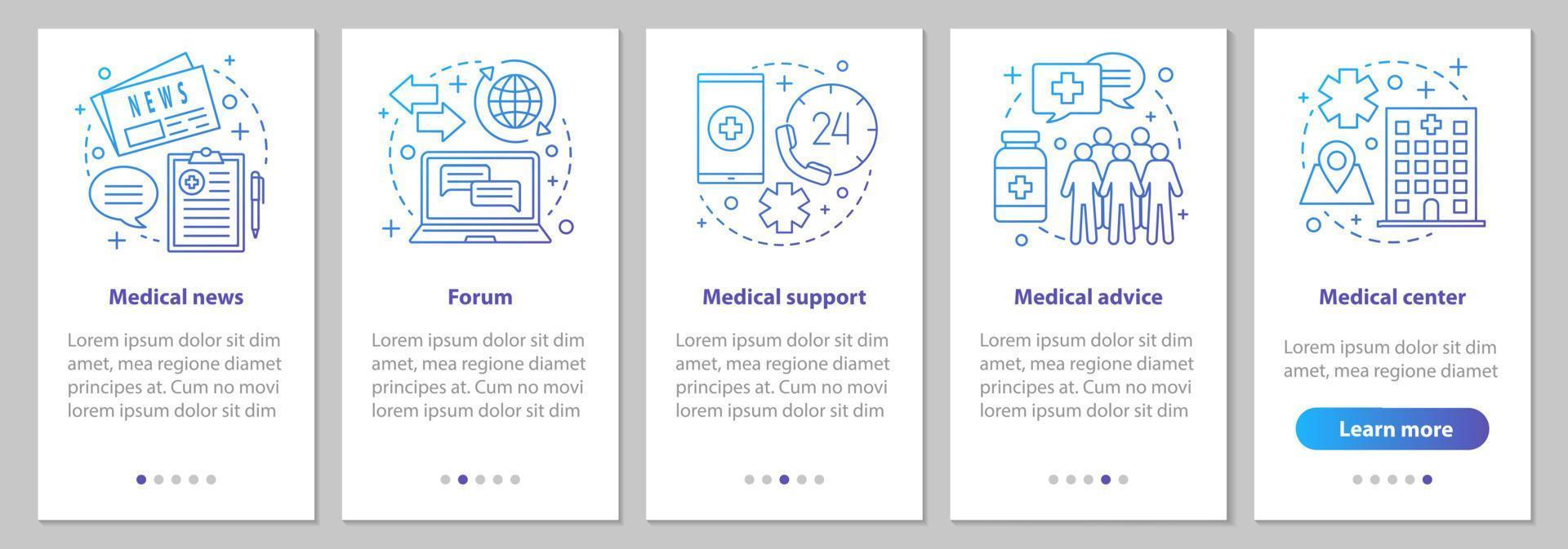 Medicine and healthcare onboarding mobile app page screen with linear concepts. Medical news, forum, advice, clinic, support steps graphic instructions. UX, UI, GUI vector template with illustrations