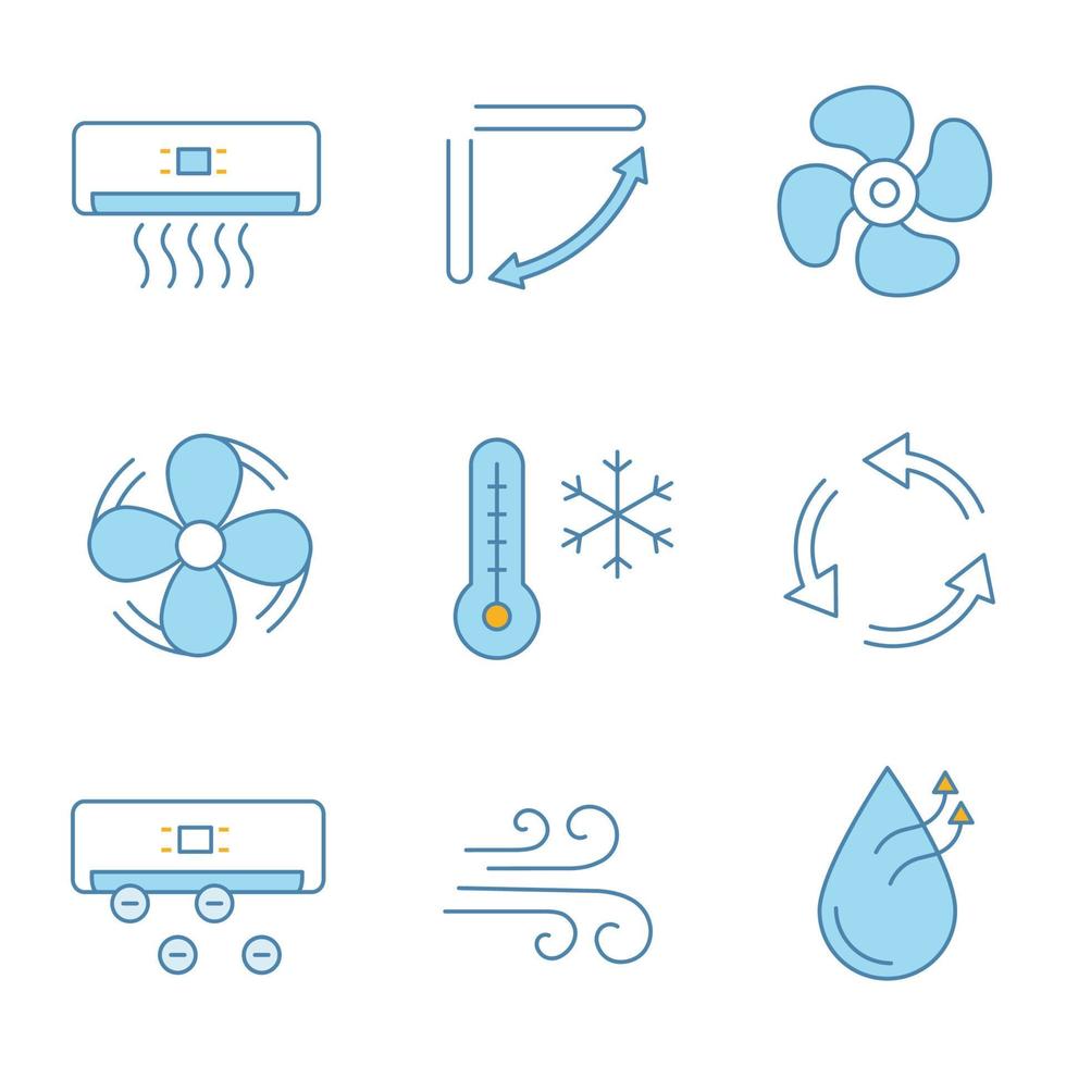 Air conditioning color icons set. Air conditioner, louvers, exhaust fan, ventilator, winter temperature, ventilation, ionizer, airflow, humidification. Isolated vector illustrations