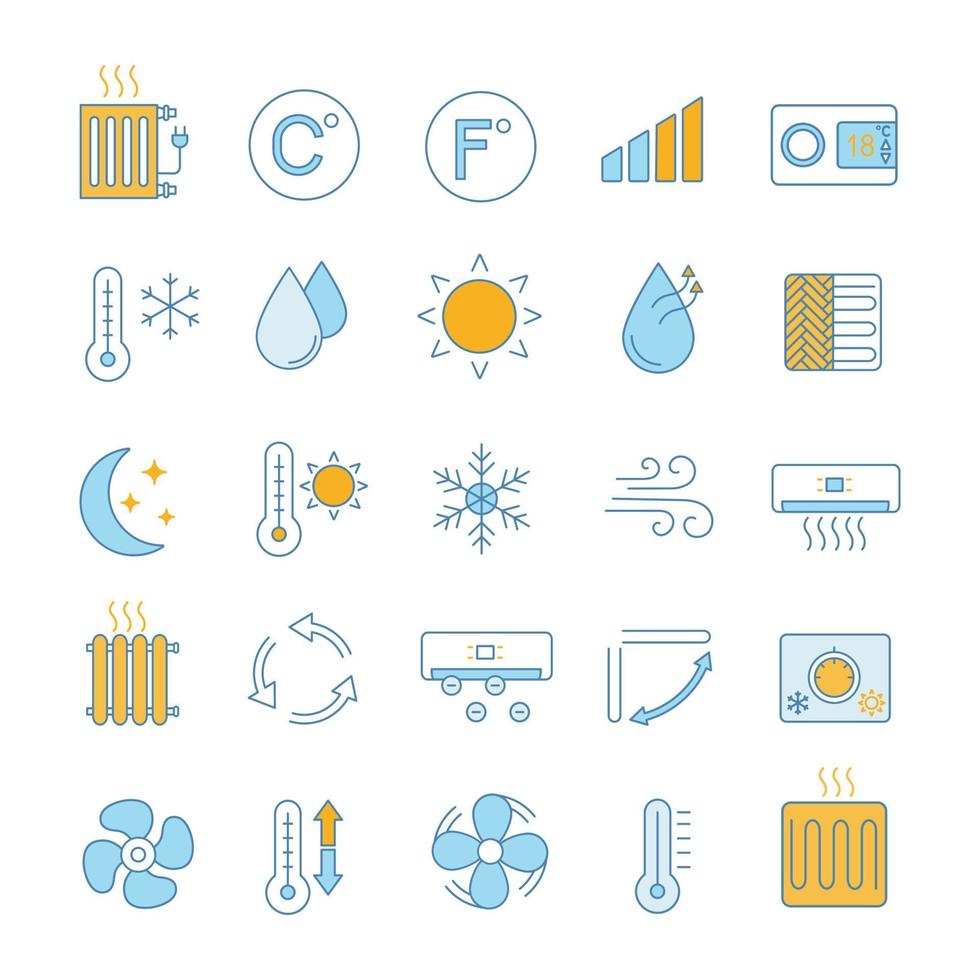 Air conditioning color icons set. Air heating, humidification, ionization, ventilation. Climate control. Isolated vector illustrations