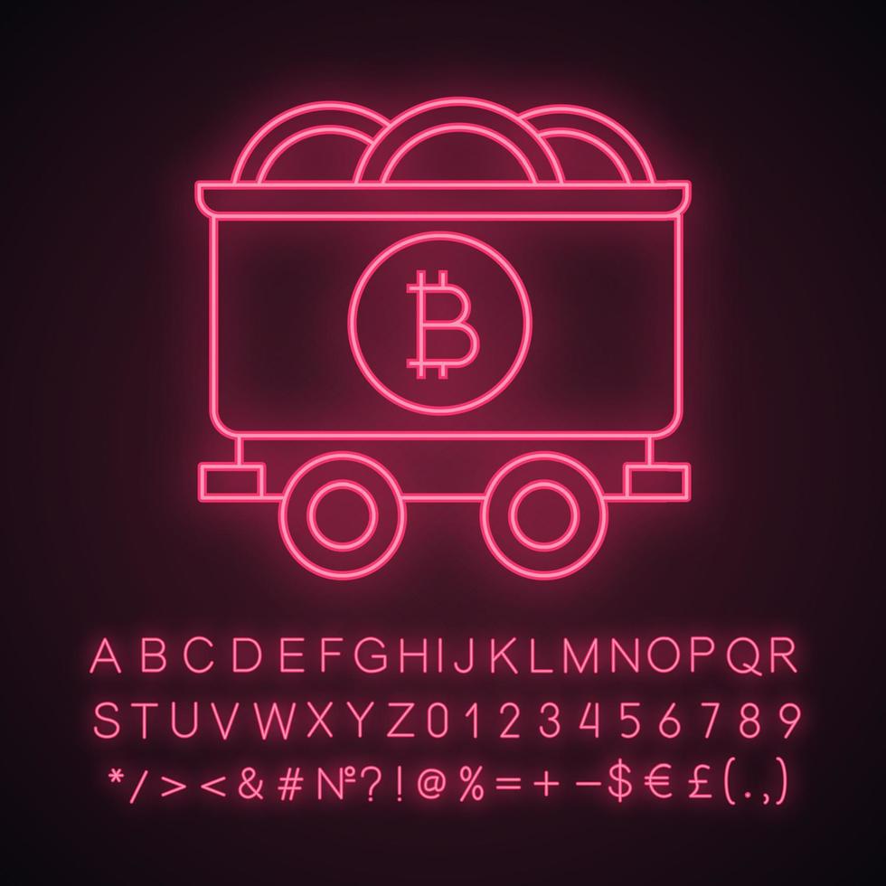 Bitcoin mining business neon light icon. Mine cart with bitcoin coins. Cryptocurrency. Glowing sign with alphabet, numbers and symbols. Vector isolated illustration