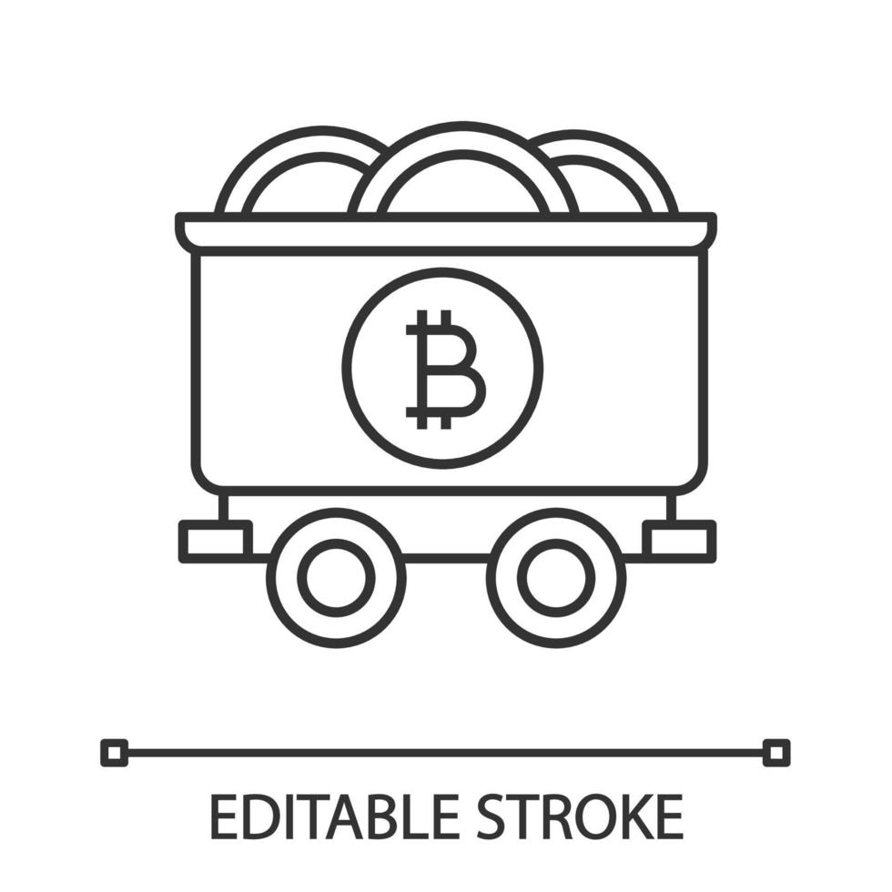 icono lineal del negocio de minería bitcoin. carro de mina con monedas bitcoin. ilustración de línea delgada. criptomoneda símbolo de contorno dibujo de contorno aislado vectorial. trazo editable vector
