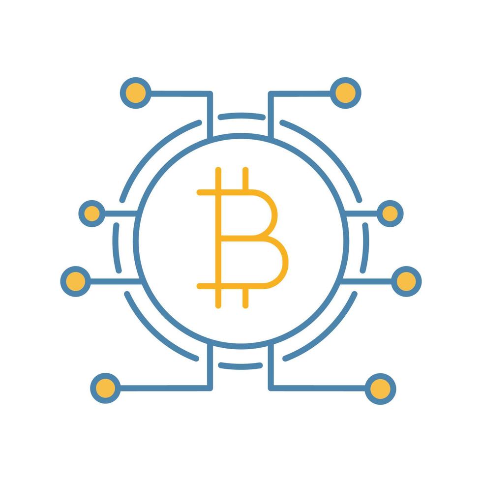 Bitcoin color icon. Virtual currency. Online banking. Bitcoin payment. Contour symbol. Microchip pathways with coin inside. Isolated vector illustration