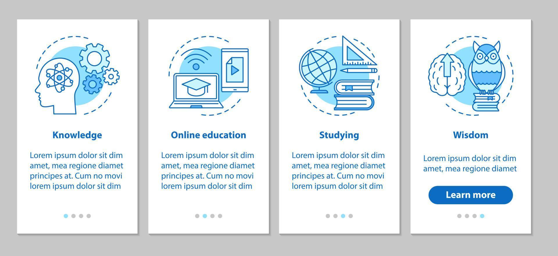 ganando conocimiento incorporando la pantalla de la página de la aplicación móvil con conceptos lineales. proceso de estudio. pasos de educación instrucciones gráficas. ux, ui, plantilla vectorial gui con ilustraciones vector