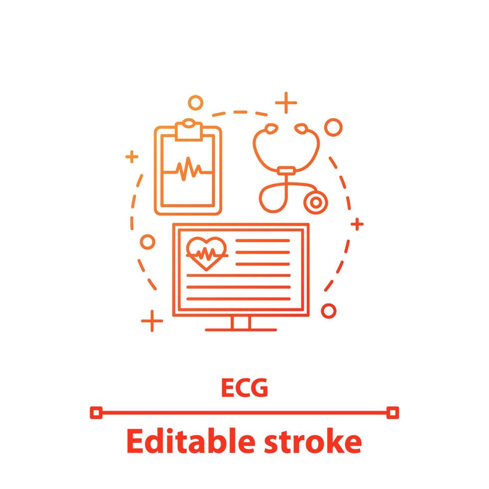 ECG concept icon. Electrocardiography. Cardiology idea thin line illustration. Cardiovascular examination. Heart diseases diagnosis. Vector isolated outline drawing. Editable stroke