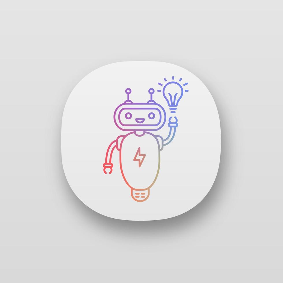 New idea chatbot app icon. UI UX user interface. Talkbot with lightbulb. Virtual assistant. Modern robot. Online support chat bot. Web or mobile application. Vector isolated illustration