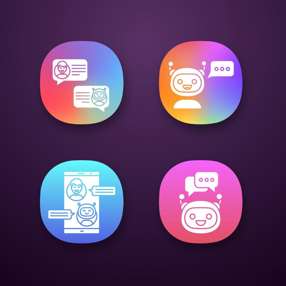 Chatbots app icons set. UI UX user interface. Virtual assistants. Messenger and chat bots. Modern robots. Smartphone and laptop chatterbots. Web or mobile applications. Vector isolated illustrations