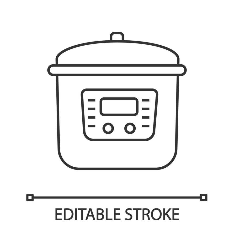 Multi cooker linear icon. Slow cooker. Thin line illustration. Crock pot. Pressure multicooker. Kitchen appliance. Contour symbol. Vector isolated outline drawing. Editable stroke