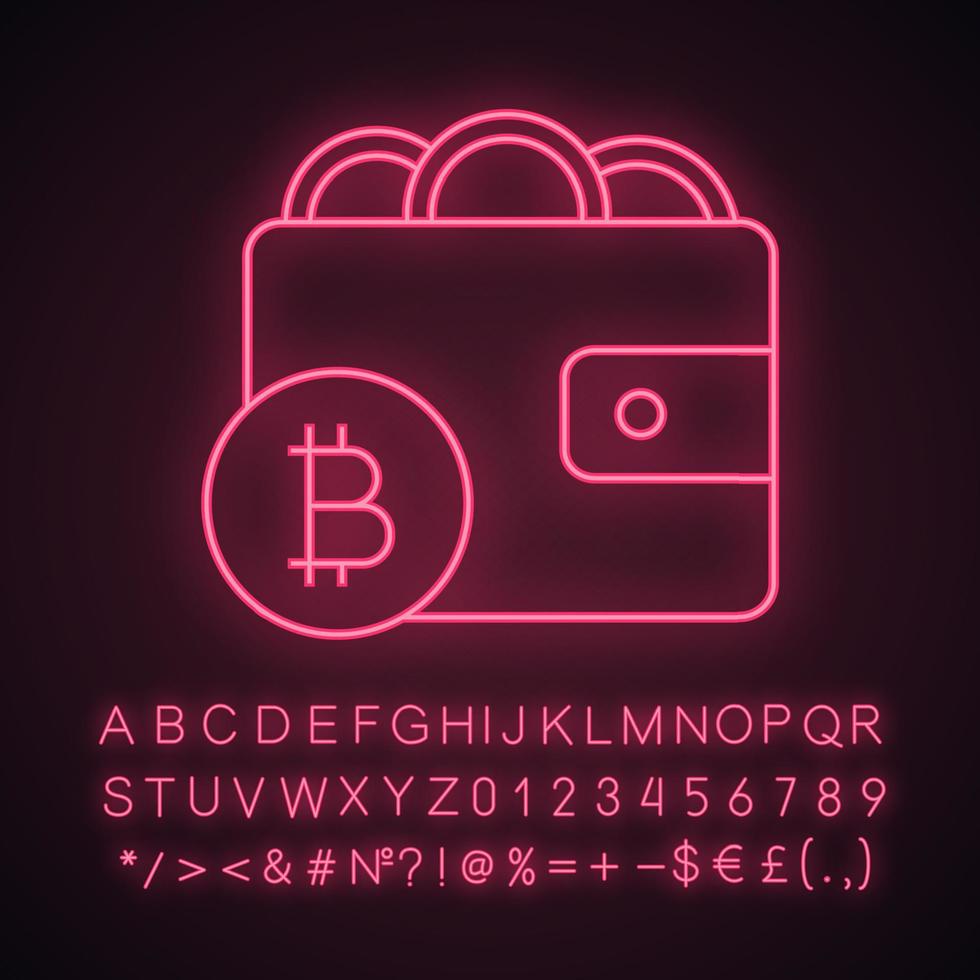 Bitcoin wallet neon light icon. Digital money. E-payment. Glowing sign with alphabet, numbers and symbols. Online banking. Cryptocurrency payment. Vector isolated illustration