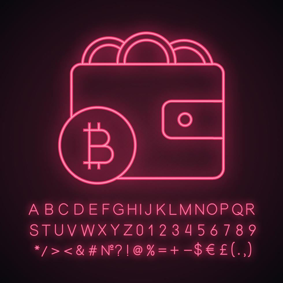 icono de luz de neón de billetera bitcoin. dinero digital pago electrónico. signo brillante con alfabeto, números y símbolos. banca en línea. pago de criptomonedas. ilustración vectorial aislada vector