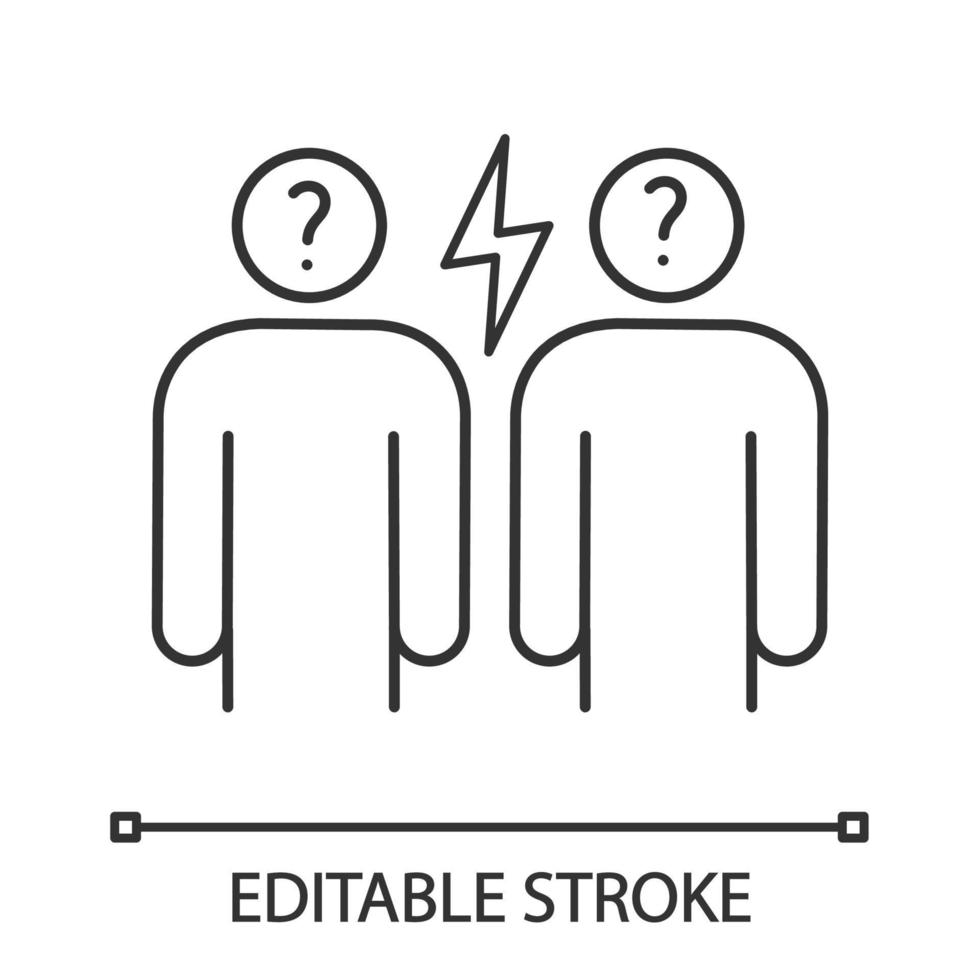 Conflict linear icon. Misunderstanding. Thin line illustration. Irritation and aggression. Communication problems in relations. Disagreement, quarrel, dispute. Vector isolated drawing. Editable stroke