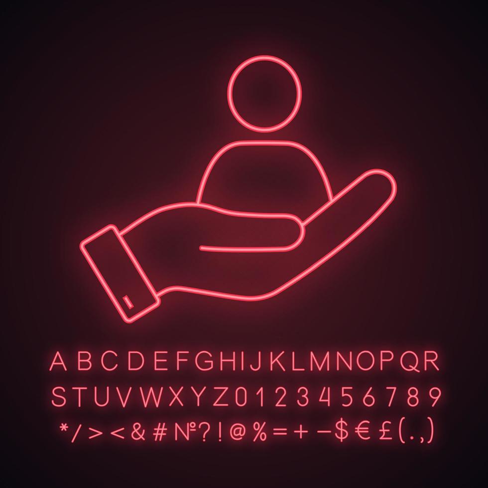 HR management neon light icon. Staff hiring. Employment. Recruitment service. Hand with person. Glowing sign with alphabet, numbers and symbols. Vector isolated illustration