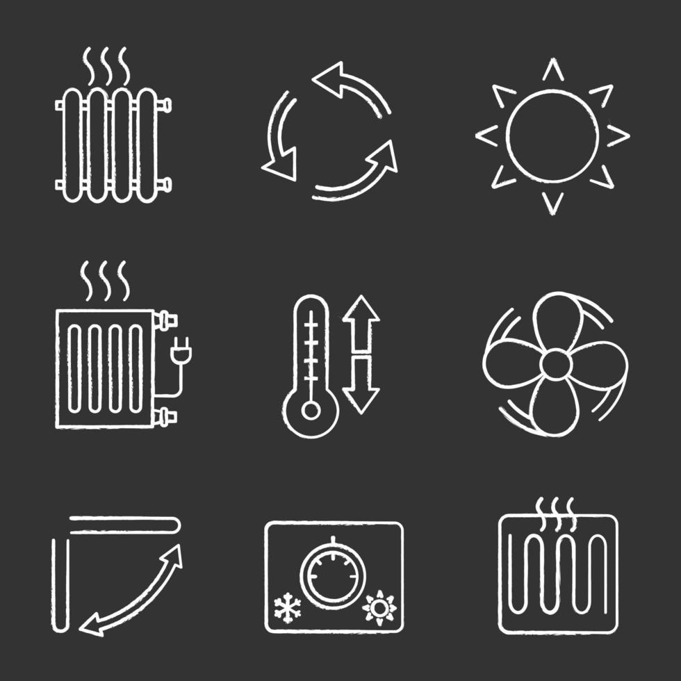 Air conditioning chalk icons set. Radiators, ventilation, sun, climate control, exhaust fan, conditioner louver, thermostat, heating element. Isolated vector chalkboard illustrations