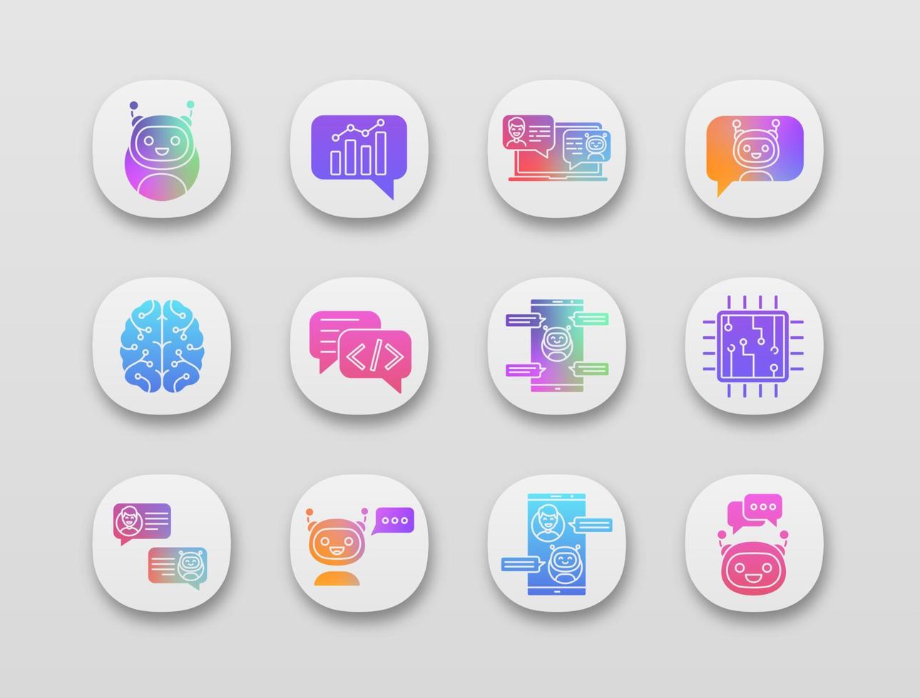 Conjunto de iconos de la aplicación chatbots. interfaz de usuario ui ux. bots de chat. talkbots. asistentes virtuales. soporte, chat, código, bots de mensajería. ayudantes en línea. aplicaciones web o móviles. ilustraciones vectoriales aisladas vector