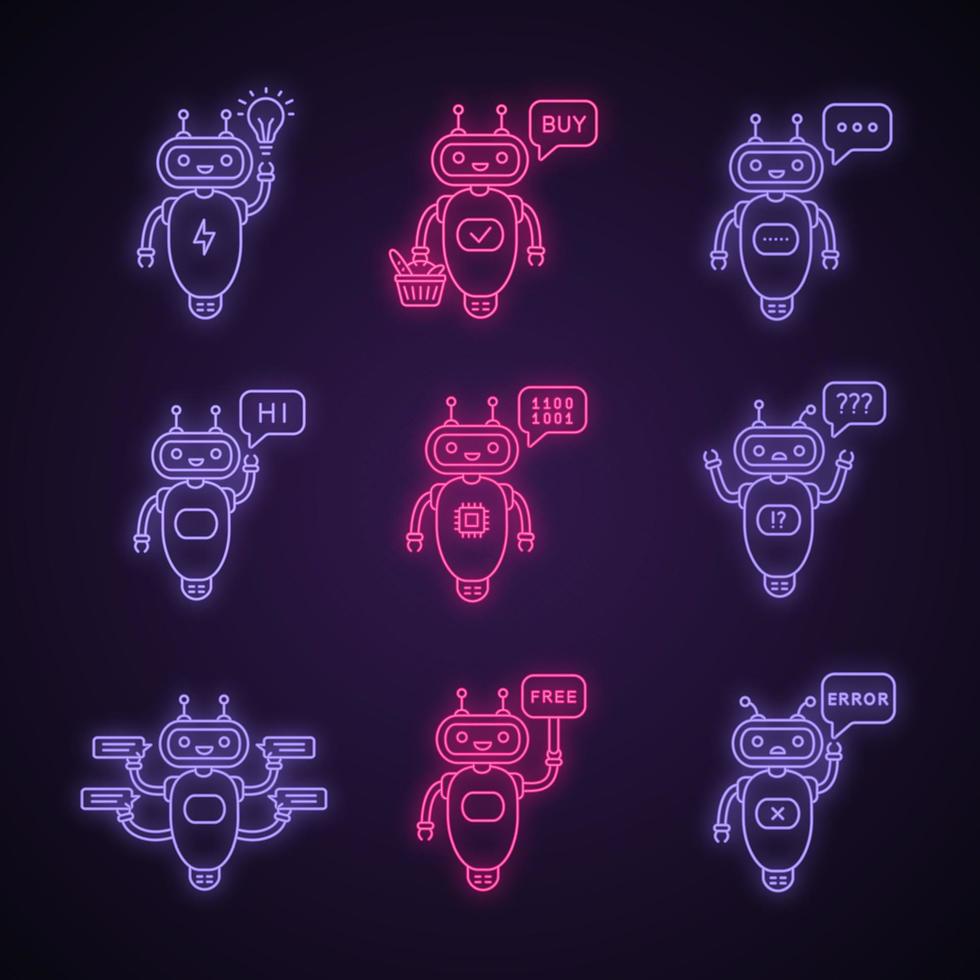 Chatbots neon light icons set. Talkbots. Idea, buy, text, hi, code, question, chat, free, error bots. Modern robots. Glowing signs. Vector isolated illustrations