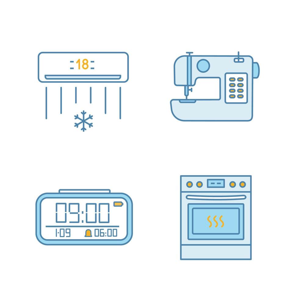 Household appliance color icons set. Air conditioner, sewing machine, digital clock, kitchen stove. Isolated vector illustrations