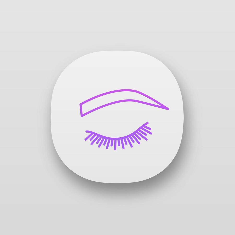 Soft arched eyebrow shape app icon. Rounded, curved eyebrows. Brows shaping by tattooing. Closed woman eye. UI UX user interface. Web or mobile application. Vector isolated illustration