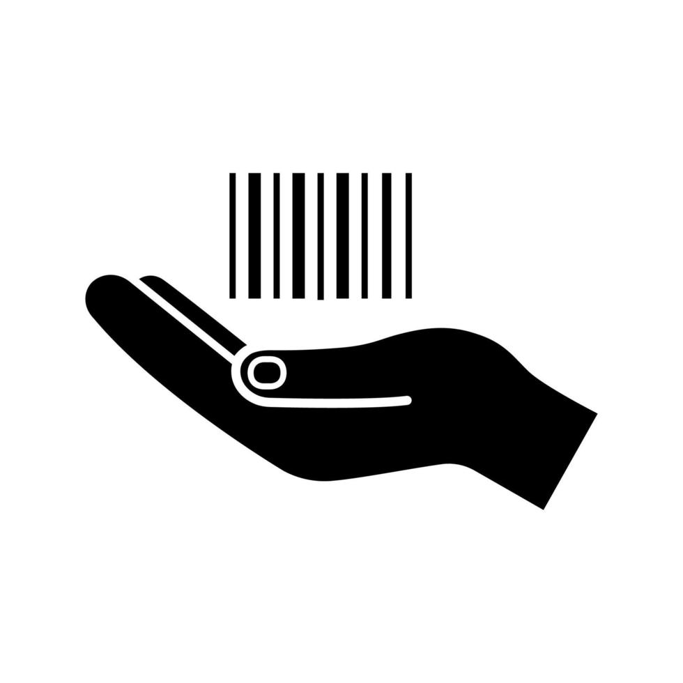 Hand holding barcode glyph icon. One dimensional code. Barcode generator service. Merchandising. Retail. Linear bar code in hand. Silhouette symbol. Negative space. Vector isolated illustration
