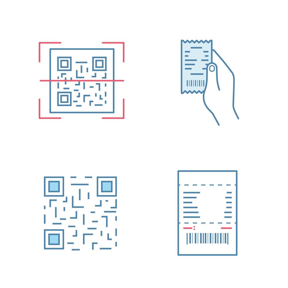 Barcodes color icons set. QR code scanning, paper receipt in hand, matrix barcode, paper check. Isolated vector illustrations