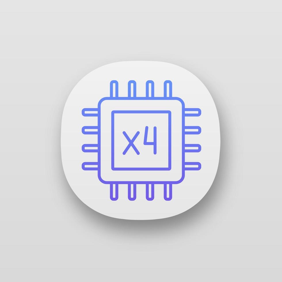 Quad core processor app icon. Four core microprocessor. Microchip, chipset. CPU. Central processing unit. Multi-core processor. Integrated circuit. UI UX interface. Vector isolated illustration