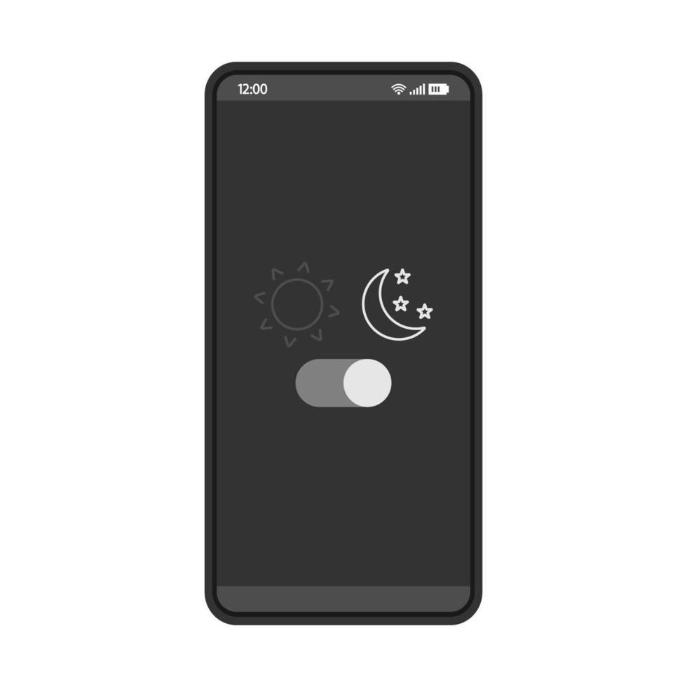 plantilla de vector de interfaz de teléfono inteligente de modo nocturno. diseño de página de aplicación móvil. el modo de suspensión se enciende, se apaga la pantalla. botón de cambio de filtro de luz. aplicación de interfaz de usuario plana. ajustes de brillo de la pantalla del teléfono