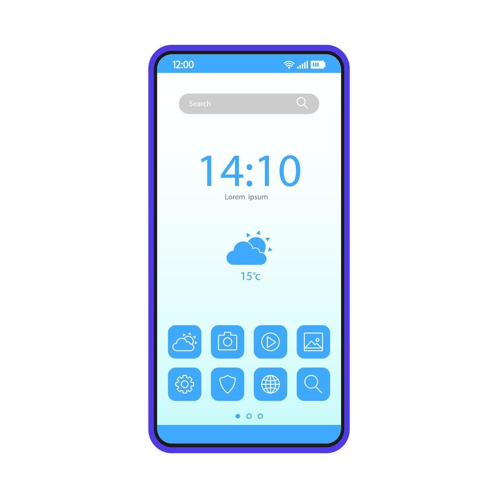 Smartphone home screen vector template. Mobile interface blue design layout. Cellphone desktop settings. Flat UI. Navigation screen. Phone display with app icons and buttons