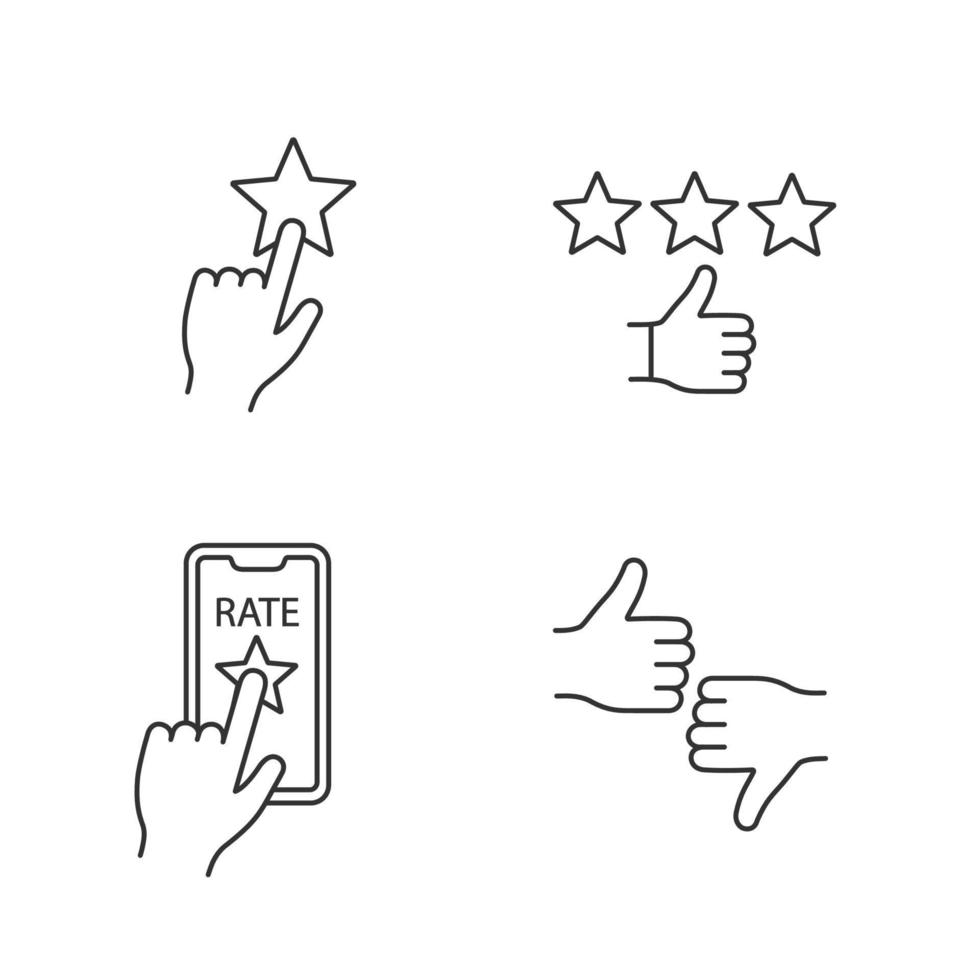 Rating linear icons set. Positive feedback, app rating, dislike and like, add to favorite. Thin line contour symbols. Isolated vector outline illustrations. Editable stroke