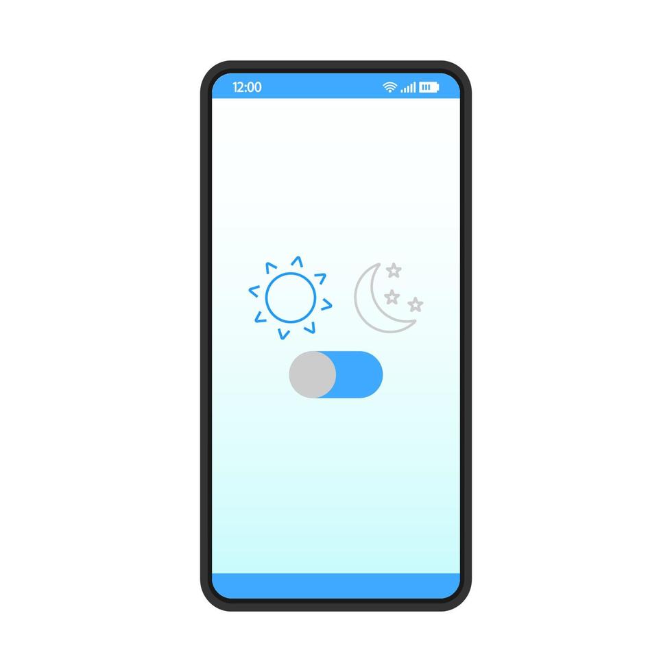 Night mode smartphone interface vector template. Mobile app page design layout. Sleeping mode turn on, off screen. Light filter toggle button. Flat UI application. Phone display brightness settings