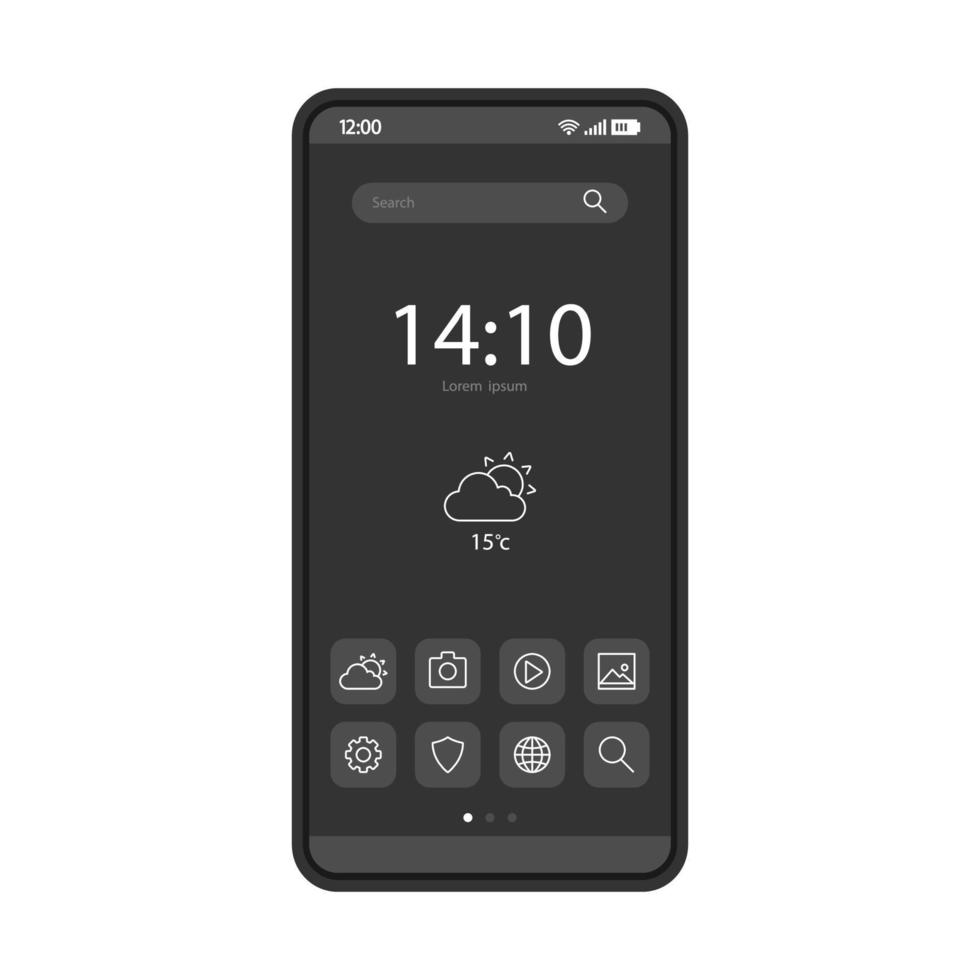 Smartphone home screen vector template. Mobile interface black design layout. Cellphone desktop settings. Flat UI. Navigation screen. Phone display with app icons and buttons