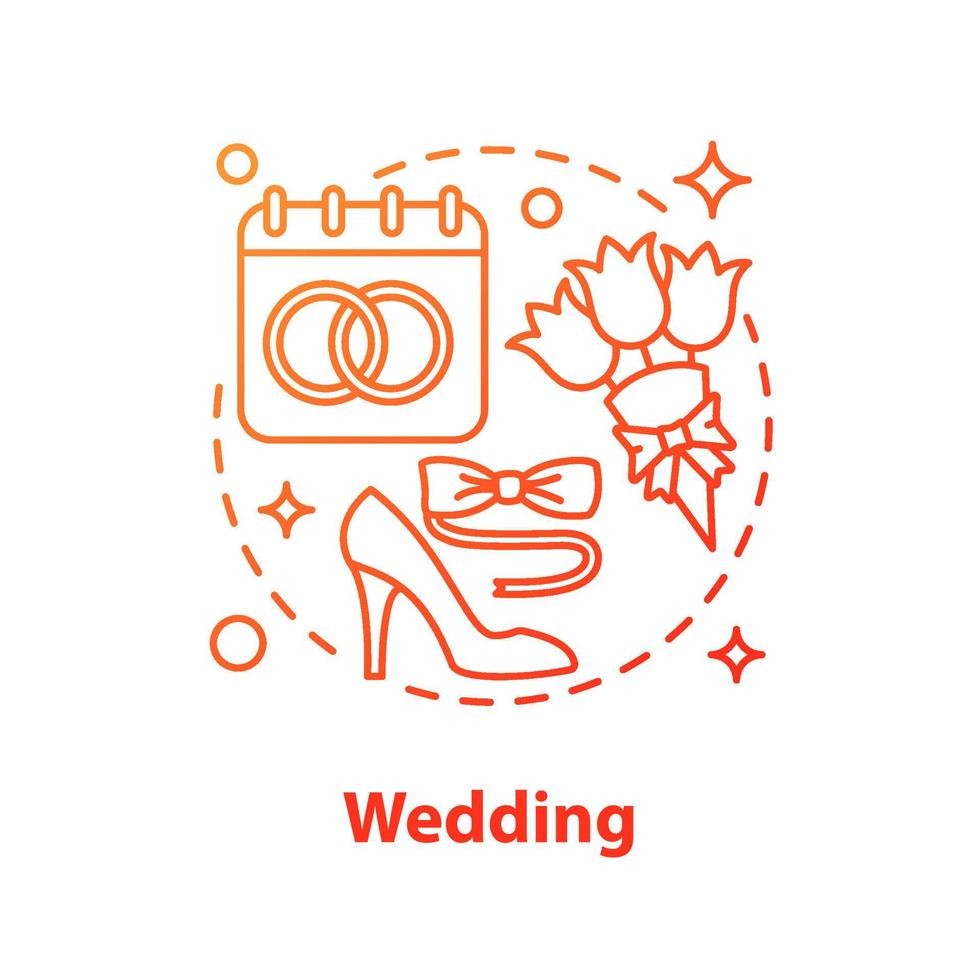 Wedding concept icon. Engagement idea thin line illustration. Marriage celebration. Calendar with rings, flower bouquet, dress. Vector isolated outline drawing