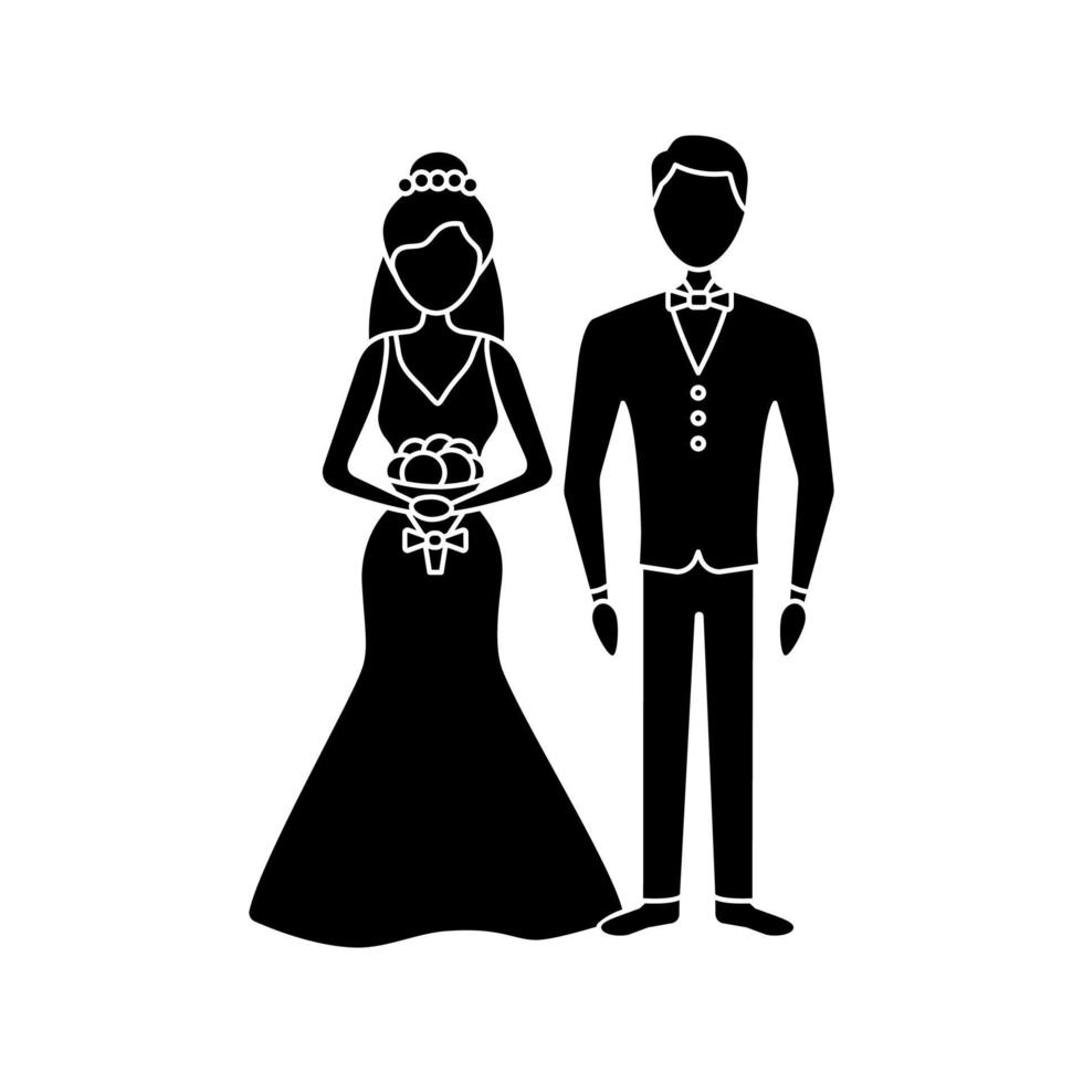 Bride and bridegroom glyph icon. Wedding ceremony. Newlywed. Just married couple. Fiance, fiancee. Wedding agency. Silhouette symbol. Negative space. Vector isolated illustration