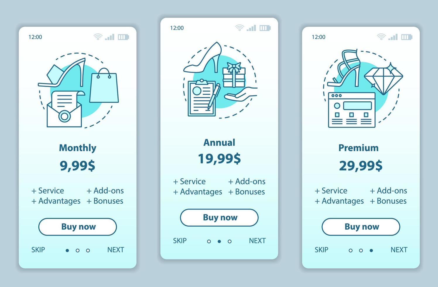 Stylist services prices onboarding mobile app screens template. Walkthrough website pages. Shopping discounts. Tariff plans steps. Smartphone payment web page layout vector