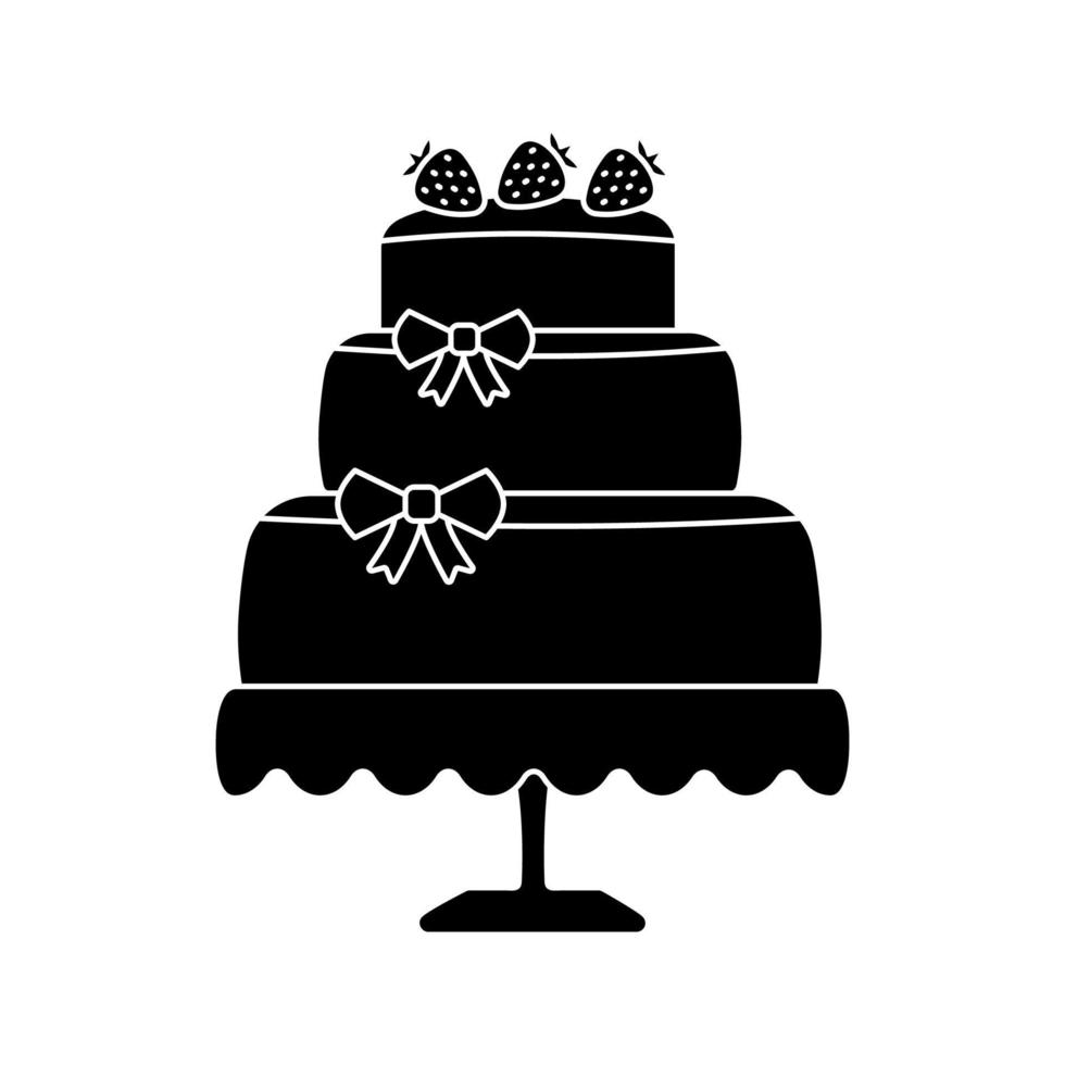Wedding cake glyph icon. Stacked holiday cake with bows and strawberries. Confectionery, bakery. Silhouette symbol. Negative space. Vector isolated illustration