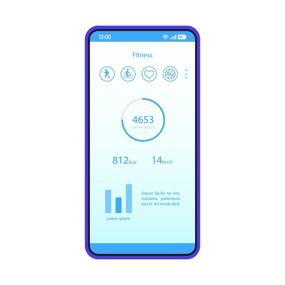 Fitness smartphone app interface vector template. Mobile application page blue design layout. Pedometer screen. Flat UI. Sports tracker. Phone display with physical activity statistics