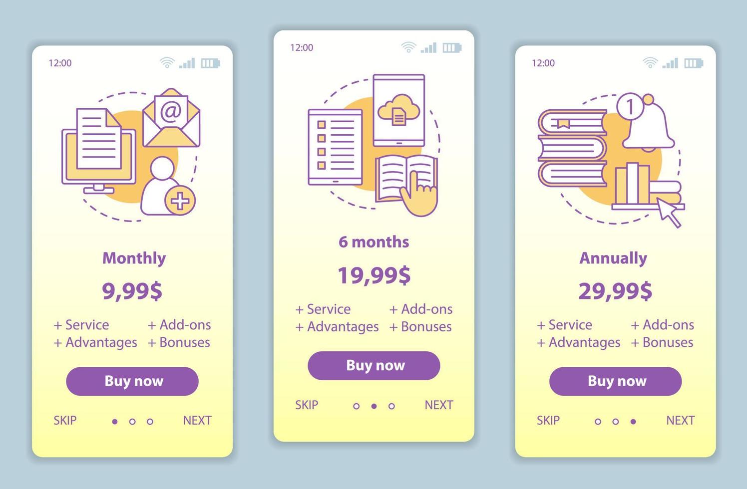 Digital library onboarding mobile app screens with service prices. Walkthrough website pages templates. E-library tariff plans steps. E-books costs. Payment smartphone web page layout vector