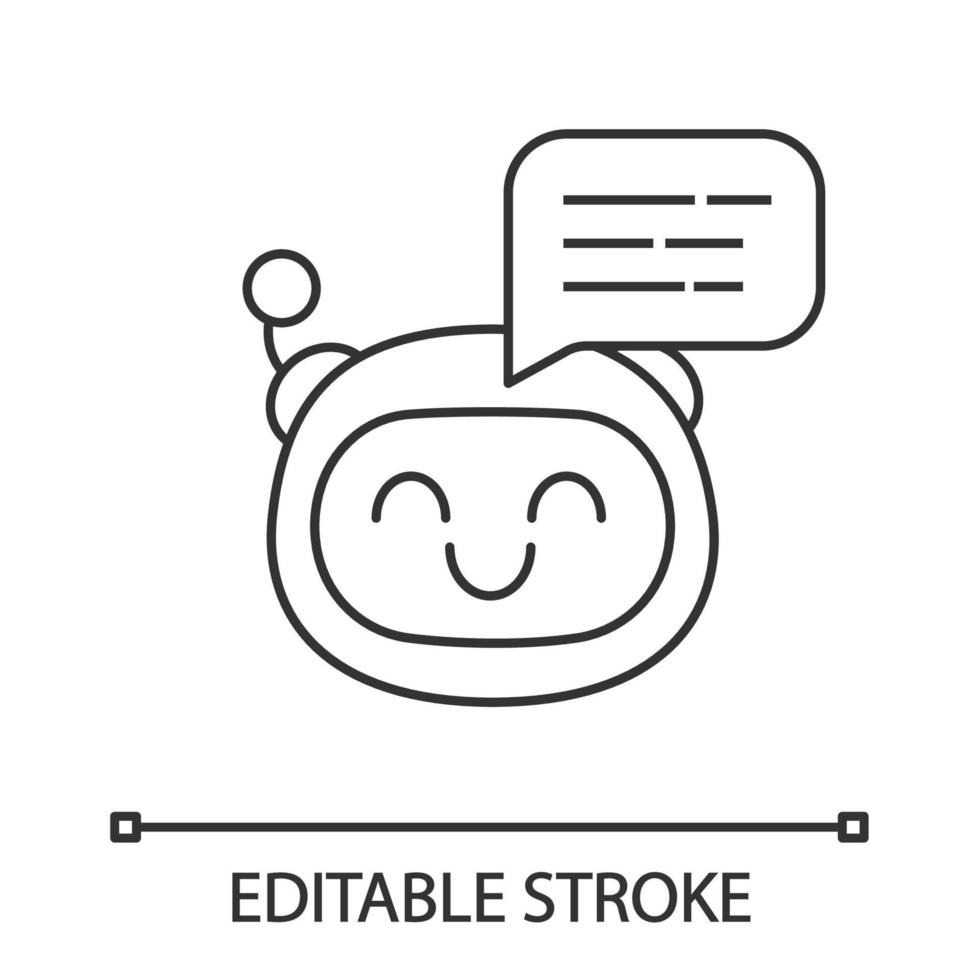 Chatbot message linear icon. Talkbot. Laughing chat bot. Thin line illustration. Modern robot. Virtual assistant. Conversational agent. Contour symbol. Vector isolated outline drawing. Editable stroke