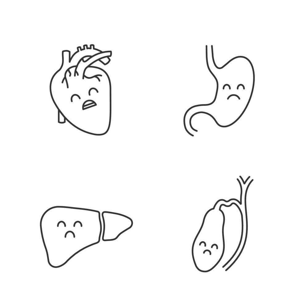 conjunto de iconos lineales de órganos internos humanos tristes. símbolos de contorno de línea delgada. corazón infeliz, estómago, hígado, vesícula biliar. sistema digestivo poco saludable. ilustraciones aisladas de contorno vectorial. trazo editable vector